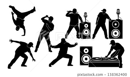 Black Solid Hip Hop Artist Silhouettes Set of Six on White Background 138362400