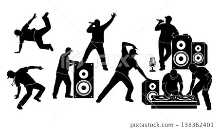 Black Solid Hip Hop Artist Silhouettes Set of Six on White Background 138362401