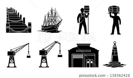 Black Solid Historical Cargo Harbor Silhouettes Set of Six on White Background Black Solid Historical Cargo Harbor Silhouettes Set of Six on White Background 138362428