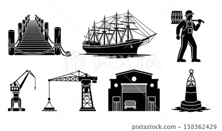 Black Solid Historical Cargo Harbor Silhouettes Set of Six on White Background Black Solid Historical Cargo Harbor Silhouettes Set of Six on White Background 138362429