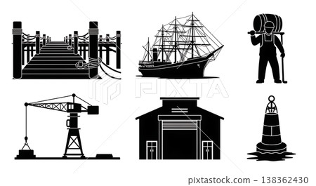 Black Solid Historical Cargo Harbor Silhouettes Set of Six on White Background Black Solid Historical Cargo Harbor Silhouettes Set of Six on White Background 138362430
