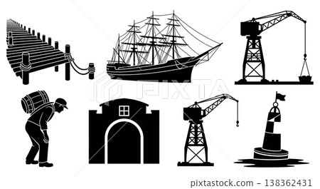 Black Solid Historical Cargo Harbor Silhouettes Set of Six on White Background 138362431