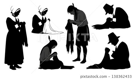 Black Solid Historical Clothing Making Set of Six on White Background Black Solid Historical Clothing Making Set of Six on White Background 138362433