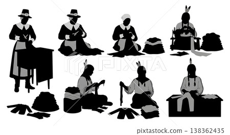 Black Solid Historical Clothing Making Set of Six on White Background 138362435
