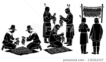 Black Solid Historical Corn Drying Set of Six on White Background Black Solid Historical Corn Drying Set of Six on White Background 138362437