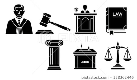 Black Solid Historical Courtroom Silhouettes Set of Six on White Background 138362446