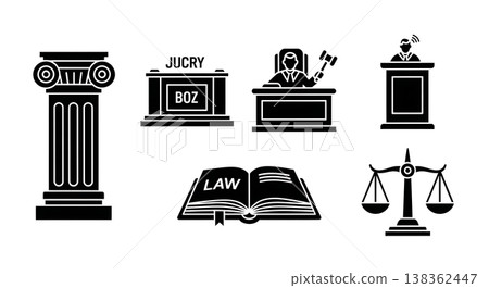 Black Solid Historical Courtroom Silhouettes Set of Six on White Background Black Solid Historical Courtroom Silhouettes Set of Six on White Background 138362447