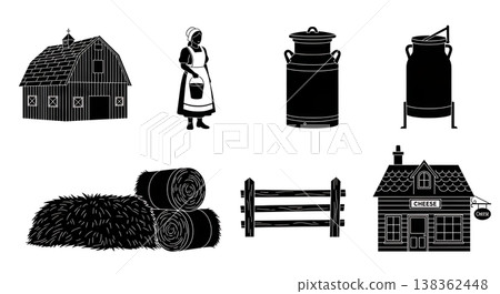 Black Solid Historical Dairy Farm Silhouettes Set of Six on White Background Black Solid Historical Dairy Farm Silhouettes Set of Six on White Background 138362448