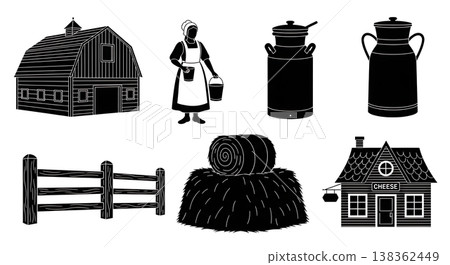 Black Solid Historical Dairy Farm Silhouettes Set of Six on White Background 138362449