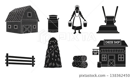 Black Solid Historical Dairy Farm Silhouettes Set of Six on White Background Black Solid Historical Dairy Farm Silhouettes Set of Six on White Background 138362450