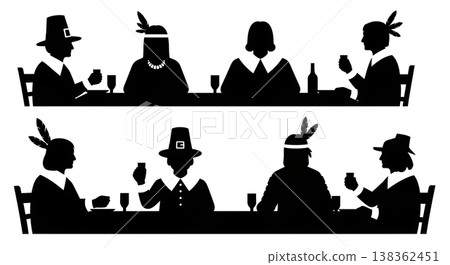 Black Solid Historical Dinner Gathering Set of Six on White Background 138362451