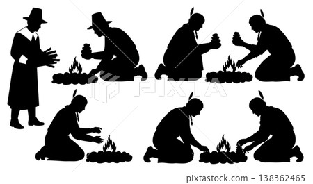 Black Solid Historical Fire Making Set of Six on White Background Black Solid Historical Fire Making Set of Six on White Background 138362465
