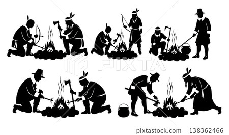 Black Solid Historical Fire Making Set of Six on White Background Black Solid Historical Fire Making Set of Six on White Background 138362466