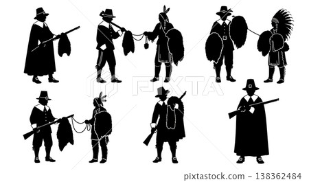 Black Solid Historical Fur Carrying Set of Six on White Background 138362484
