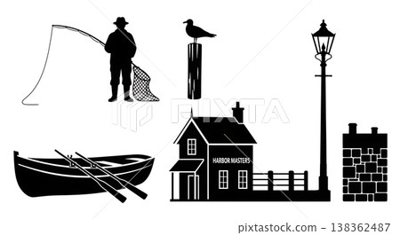Black Solid Historical Harbor Quay Silhouettes Set of Six on White Background Black Solid Historical Harbor Quay Silhouettes Set of Six on White Background 138362487