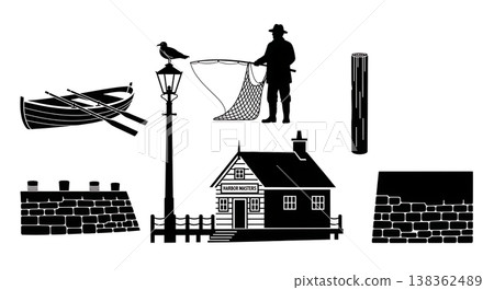Black Solid Historical Harbor Quay Silhouettes Set of Six on White Background Black Solid Historical Harbor Quay Silhouettes Set of Six on White Background 138362489
