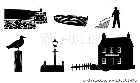 Black Solid Historical Harbor Quay Silhouettes Set of Six on White Background Black Solid Historical Harbor Quay Silhouettes Set of Six on White Background 138362490