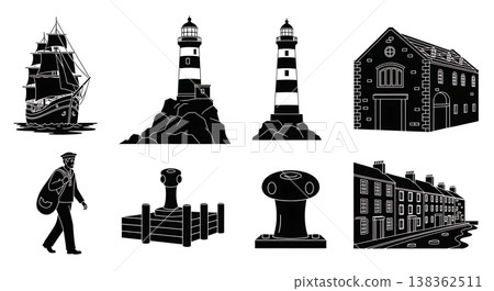Black Solid Historical Maritime Silhouettes Set of Six on White Background Black Solid Historical Maritime Silhouettes Set of Six on White Background 138362511