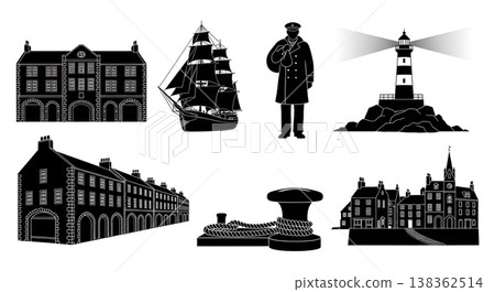 Black Solid Historical Maritime Silhouettes Set of Six on White Background Black Solid Historical Maritime Silhouettes Set of Six on White Background 138362514