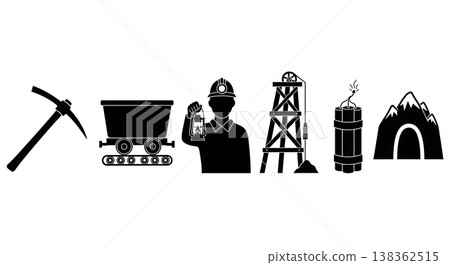 Black Solid Historical Mining Camp Silhouettes Set of Six on White Background 138362515