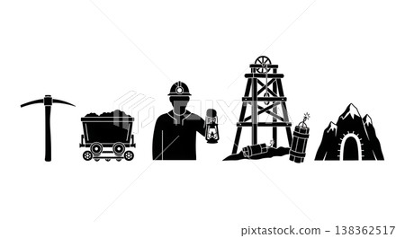 Black Solid Historical Mining Camp Silhouettes Set of Six on White Background 138362517