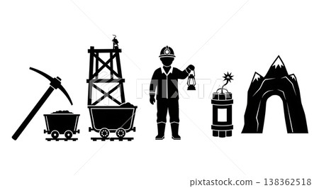 Black Solid Historical Mining Camp Silhouettes Set of Six on White Background Black Solid Historical Mining Camp Silhouettes Set of Six on White Background 138362518