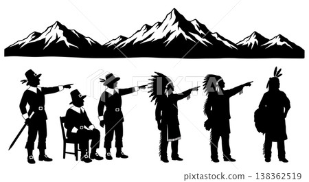 Black Solid Historical Mountain Pointing Set of Six on White Background Black Solid Historical Mountain Pointing Set of Six on White Background 138362519