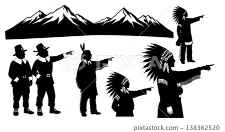 Black Solid Historical Mountain Pointing Set of Six on White Background Black Solid Historical Mountain Pointing Set of Six on White Background 138362520