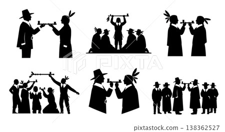 Black Solid Historical Peace Pipe Set of Six on White Background Black Solid Historical Peace Pipe Set of Six on White Background 138362527