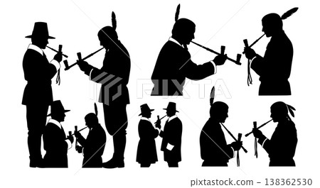 Black Solid Historical Peace Pipe Set of Six on White Background 138362530