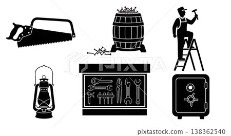 Black Solid Historical Post Office Silhouettes Set of Six on White Background Black Solid Historical Post Office Silhouettes Set of Six on White Background 138362540