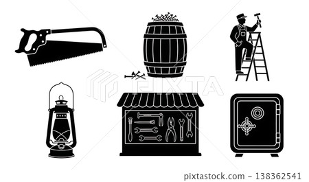 Black Solid Historical Post Office Silhouettes Set of Six on White Background 138362541