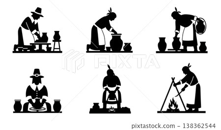 Black Solid Historical Pottery Set of Six on White Background Black Solid Historical Pottery Set of Six on White Background 138362544