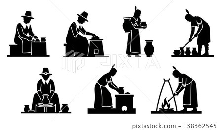 Black Solid Historical Pottery Set of Six on White Background Black Solid Historical Pottery Set of Six on White Background 138362545