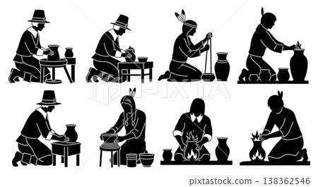 Black Solid Historical Pottery Set of Six on White Background Black Solid Historical Pottery Set of Six on White Background 138362546