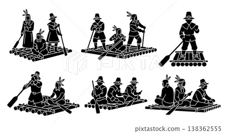 Black Solid Historical Raft Silhouettes Set of Six on White Background 138362555