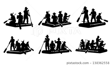 Black Solid Historical Raft Silhouettes Set of Six on White Background 138362558