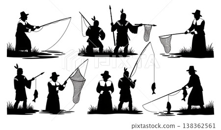 Black Solid Historical Fishing Silhouettes Set of Six on White Background 138362561