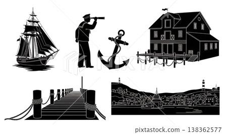 Black Solid Historical Sailing Harbor Silhouettes Set of Six on White Background Black Solid Historical Sailing Harbor Silhouettes Set of Six on White Background 138362577