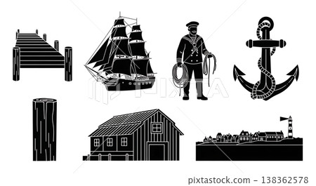 Black Solid Historical Sailing Quay Silhouettes Set of Six on White Background 138362578