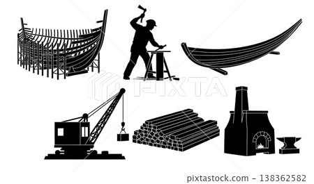 Black Solid Historical Shipyard Silhouettes Set of Six on White Background Black Solid Historical Shipyard Silhouettes Set of Six on White Background 138362582