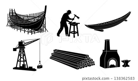 Black Solid Historical Shipyard Silhouettes Set of Six on White Background 138362583