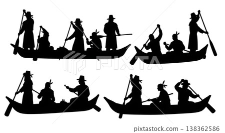 Black Solid Historical Skin Boat Silhouettes Set of Six on White Background Black Solid Historical Skin Boat Silhouettes Set of Six on White Background 138362586