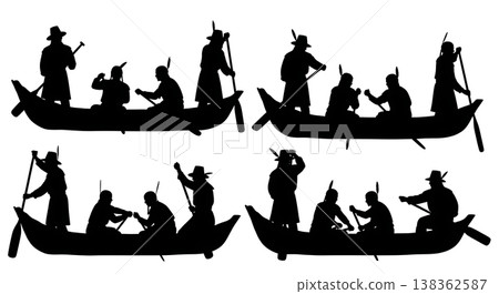 Black Solid Historical Skin Boat Silhouettes Set of Six on White Background Black Solid Historical Skin Boat Silhouettes Set of Six on White Background 138362587