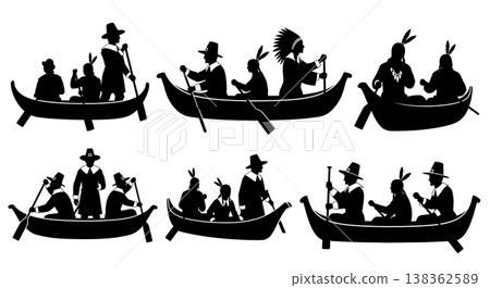 Black Solid Historical Skin Boat Silhouettes Set of Six on White Background Black Solid Historical Skin Boat Silhouettes Set of Six on White Background 138362589