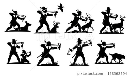 Black Solid Historical Slingshot Hunting Set of Six on White Background 138362594