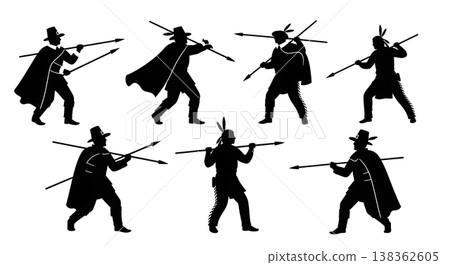 Black Solid Historical Spear Hunting Set of Six on White Background Black Solid Historical Spear Hunting Set of Six on White Background 138362605
