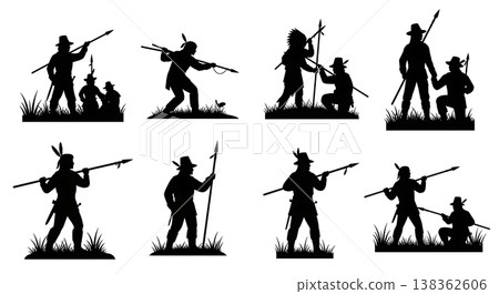 Black Solid Historical Spear Hunting Set of Six on White Background Black Solid Historical Spear Hunting Set of Six on White Background 138362606