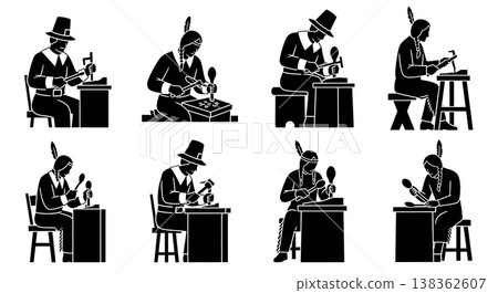 Black Solid Historical Spoon Making Set of Six on White Background Black Solid Historical Spoon Making Set of Six on White Background 138362607