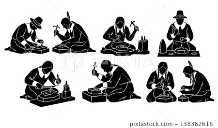 Black Solid Historical Stone Tool Set of Six on White Background 138362618